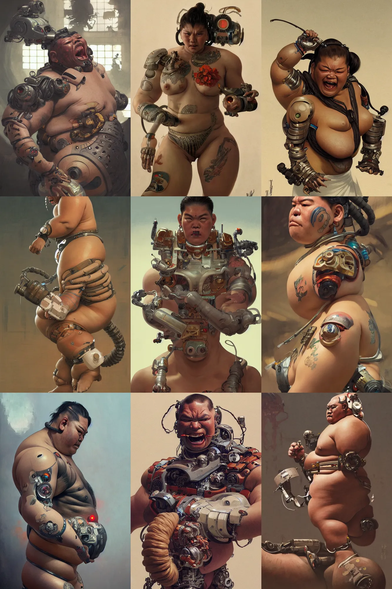 Prompt: Ultra realistic illustration, Cyborg sumo wrestler with tattoos and robotic arm screaming, sci-fi, fantasy, highly detailed, digital painting, artstation, concept art, smooth, sharp focus, illustration, art by greg rutkowski and alphonse mucha