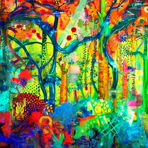 Image similar to lush enchanted forest interlocking with machines by salome totladze, bursts of color, beautiful