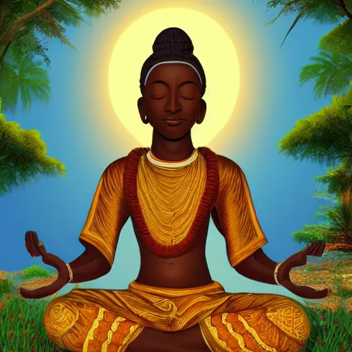 Image similar to contented peaceful haitian!! bodhisattva, praying meditating, in a scenic environment, detailed, golden hour, realism, artstation trending, digital art