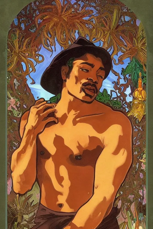 Prompt: a dramatic ethereal epic painting of a handsome black cowboy cupping a plant in his hands | background is fiery | he is shirtless and wearing a hat and boots | tarot card, art deco, art nouveau, homoerotic | by Mark Maggiori and Alphonse Mucha | trending on artstation