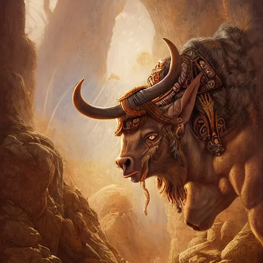 Image similar to digital painting of a minotaur as a high priest by filipe pagliuso and justin gerard, fantasy, highly, detailed, realistic, intricate