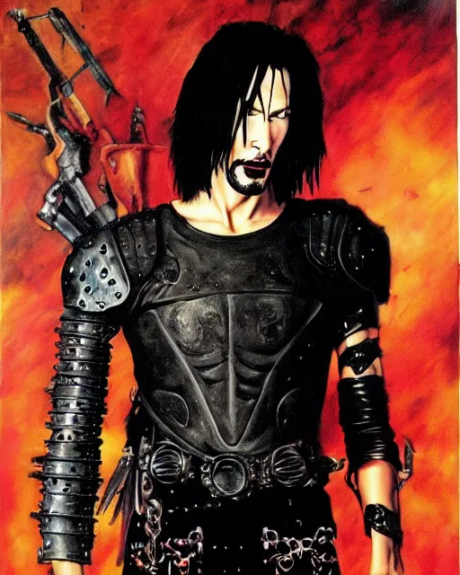 Image similar to portrait of a skinny punk goth keanu reeves wearing armor by simon bisley, john blance, frank frazetta, fantasy, thief warrior, colorful flowers floral
