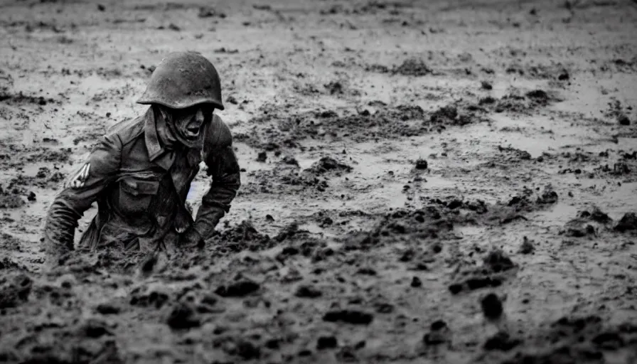 Image similar to screaming World War 1 soldier running away, wartorn landscape, lots of mud puddles and craters, bullets whizzing past camera, atmospheric, dirty lens, cinematic lighting, IMAX close-up of face, cinematography, 35mm