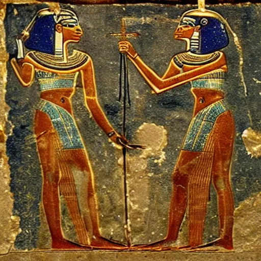 Prompt: ancient egyptian art depicting aliens fighting dinosaurs - n 5