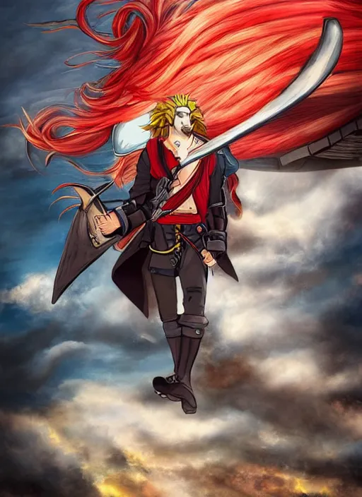 Prompt: An fantasy pokemon anime style portrait of a long haired, red headed male sky-pirate in front of an airship