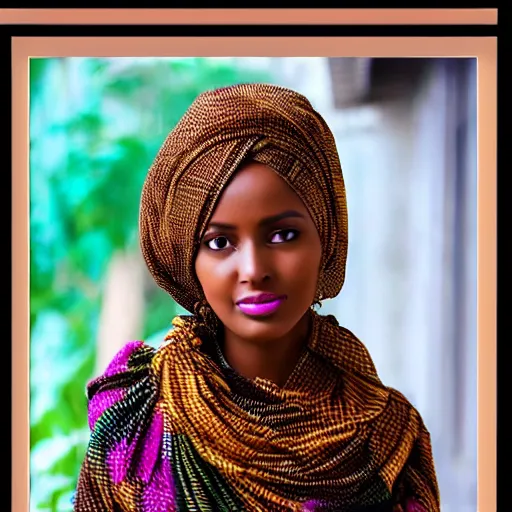 Image similar to brown skinned east african woman, somali attire, impressionist, figurative, intricate details, beautiful woman, dreamy, fashionable, somali fashion