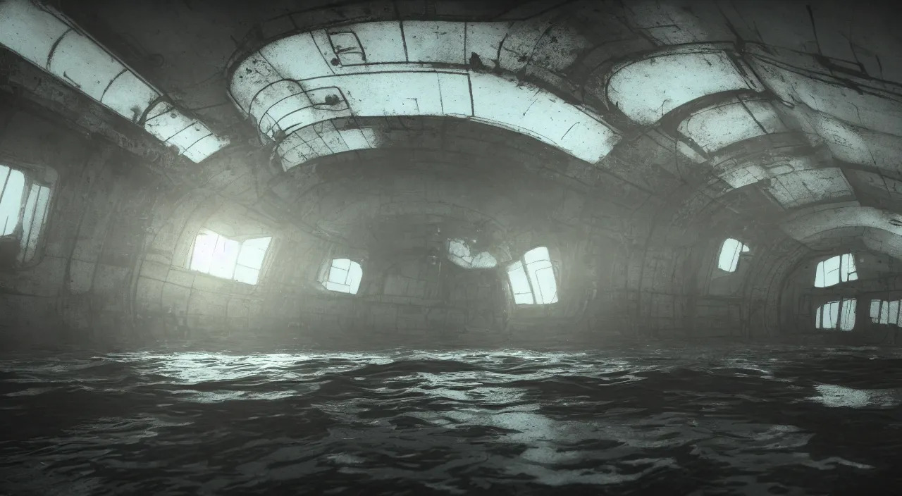 Image similar to inside an empty and abandonned ussr uboat, very dark mood, light beams comming from tiny holes, concept art, 4 k, art station trend, octane render, sharp and highly detailed