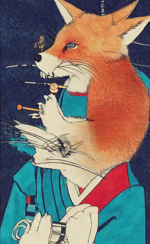 Image similar to by akio watanabe, manga art, a fox with kabuki makeup smoking pipe, trading card front, kimono, realistic anatomy, sun in the background