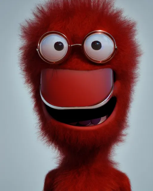 Image similar to 3 d render of completely red hairy friendly antropomorphic creature wearing chrome shades, without nose and small grin, full body, standing on 2 feet, in the style of pixar, white background, unreal engine 5, octane render, highly detailed hdr