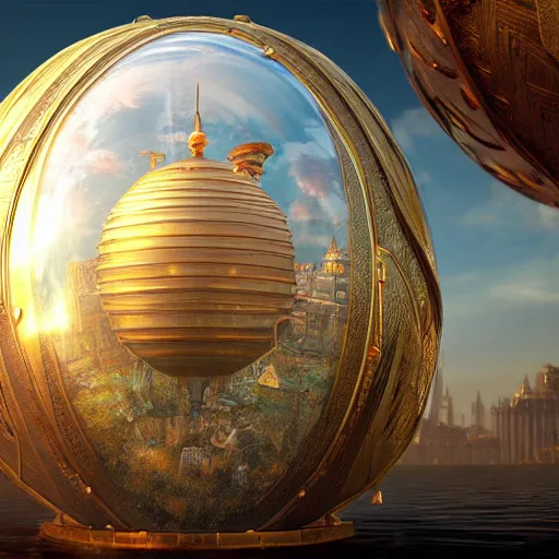Prompt: enormous floating city in a faberge egg, sky, steampunk, fantasy art, unreal engine,