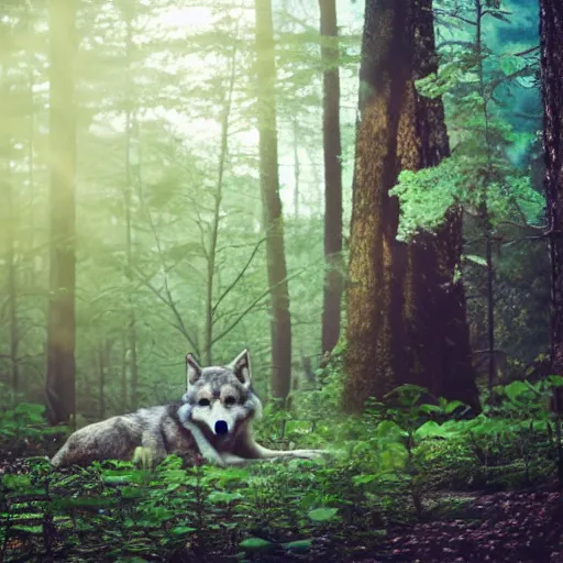 Image similar to photo of a wolf fursuit, meditating in the forest, in the morning, fog, ambient light, furaffinity