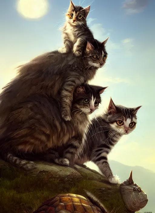 Image similar to Portrait of two scruffy haired cats on a tall mountain sitting on a turtle, realistic, detailed, 4k by Greg Rutkowski Mark Arian trending on artstation