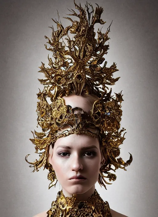 Image similar to a portrait of female by stefan geselle and nekro borja, photorealistic, intricate details, hyper realistic, fantasy, elegant, baroque gold headpiece, photorealistic, canon r 3, photography, wide shot, symmetrical features, wide angle shot, head to toe, standing pose, feet on the ground, wearable art