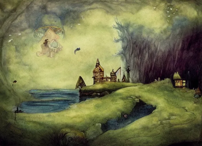 Image similar to a fantasy landscape with houses around a big lake, lowbrow in the style of alexander jansson and john bauer and francisco de goya,