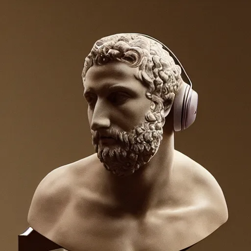 Prompt: a roman bust wearing headphones listening to music, vaporwave style