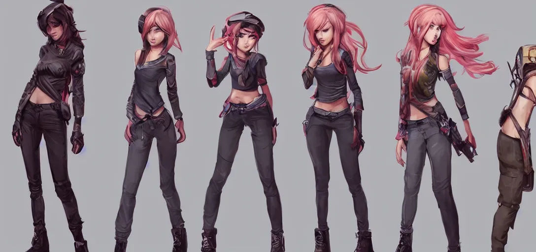 Image similar to character sheet concept art of female video game characters, unique hairstyles, cute casual streetwear, by marc brunet and artgerm