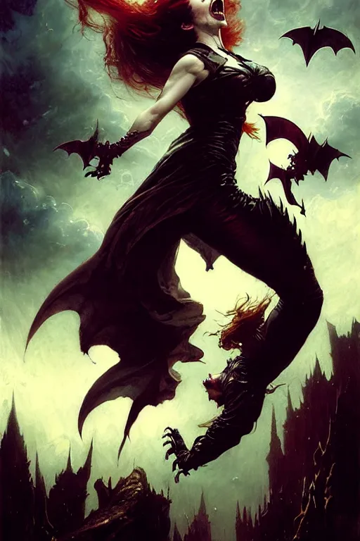 Image similar to evil female vampire jumping, highly detailed, realistic style. night sky with bats. by raymond swanland, gaston bussiere, simon bisley, anna podedworna, ayami kojima, greg rutkowski, maxim verehin