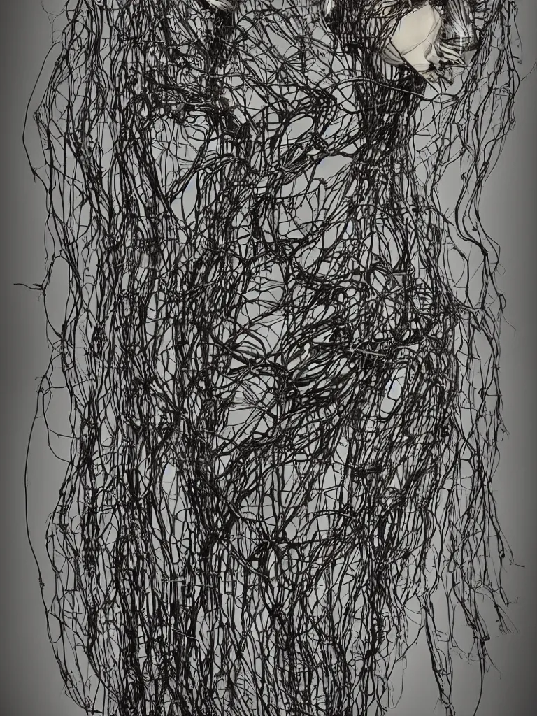 Prompt: portrait of a beautiful female android robot holding a realistic anatomical heart in her hands and crying, there are wires coming from her heart, tangled and entwined with her long flowing hair, mecha, biopunk, skeletal, bones, brambles and vines, dendritic, plain black background, by Patrick Dougherty