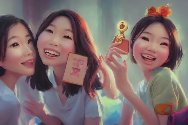 Image similar to a painting of cute Asian girls smiling, in the style of Pixar animation, low angle view, 16mm lens, award winning, hyper detailed, dramatic lighting, artstation, octane renderer, unreal engine