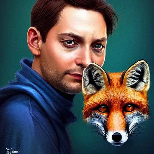 Image similar to tobey maguire and a red fox, intricate, highly detailed, digital painting, artstation, concept art, smooth, sharp focus, illustration, unreal engine 5, 8 k, art by artgerm and greg rutkowski and alphonse mucha