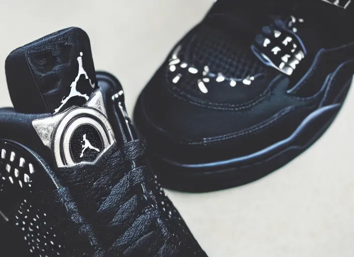 Prompt: product still of Black Panther signature Jordan 4s, black with silver panther teeth accents, 85mm f1.8