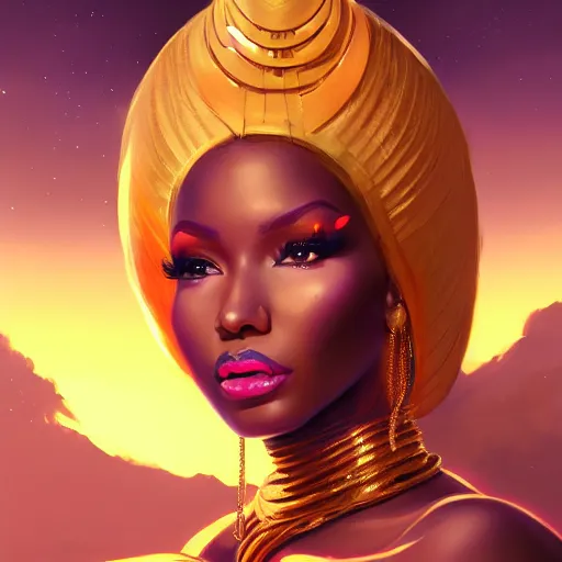 Image similar to portrait of nicki minaj, dark skin, gold jewelry, african princess, art by pete mohrbacher and guweiz and ilya kuvshinov, digital art, highly detailed, intricate, sharp focus, trending on artstation hq, deviantart, unreal engine 5, 4 k uhd image