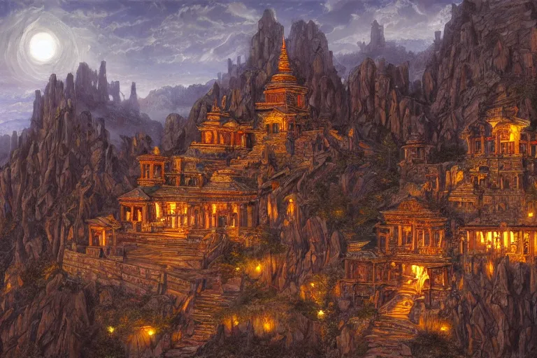 Prompt: ancient temple on a mountaintop at night | by Paul O. Zelinsky and Donato Giancola | ornate carvings| climbing vines| rich color | dramatic cinematic lighting | extremely crisp and detailed | featured on Artstation | cgsociety