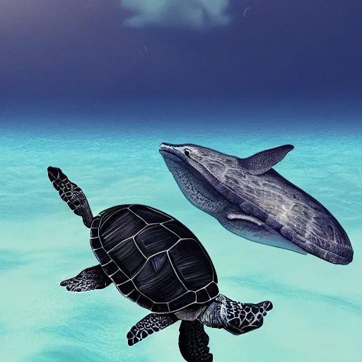 Image similar to a turtle riding a whale in the sea, 8k, digital art, photorealistic