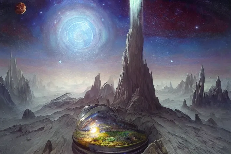 Image similar to Esao Andrews, scifi nightscape, planets, hyperrealistic surrealism, award winning masterpiece with incredible details, epic stunning, physically accurate, moody dynamic lighting, very very intricate, very very elegant, highly detailed, infinity concentric pool, a surreal vaporwave liminal space, highly detailed, trending on ArtStation, artgerm and greg rutkowski and alphonse mucha, daily deviation, IAMAG, broken giant vaporwave marble head statue ruins, calming, meditative