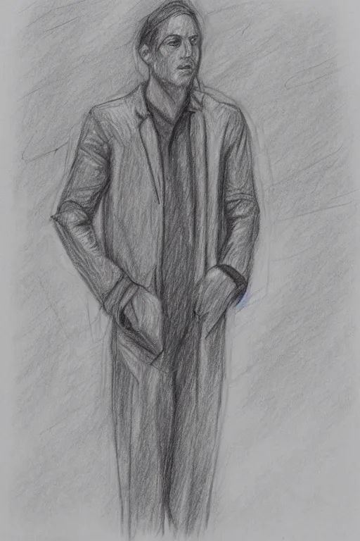 Image similar to a drawn man standing in the rain in a jacket. pencil sketch.