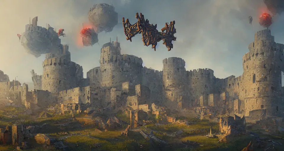 Image similar to five giant and powerful medieval catapults in the front, fireing on a medieval fortress far away, destroying the walls, fire and explosion, debris flying around, trending on artstation, style of peter mohrbacher, octane render, unreal engine
