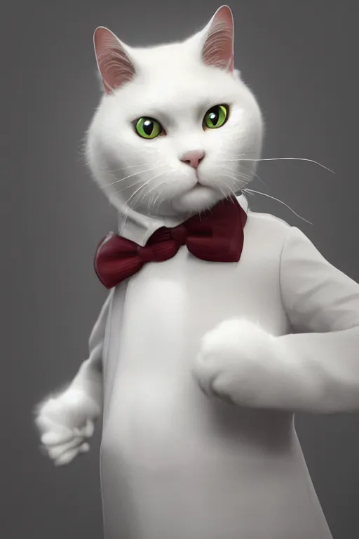 Image similar to a white cat wearing a formal overcoat, hyperrealistic, concept art, octane render, unreal engine 5, trending on DeviantArt, highly detailed, high quality, 8K, soft lighting, cute, studio background, studio lighting, realistic face, trending on Artstation, elegant clothes, profile picture