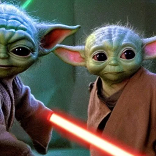 Prompt: a film still of baby yoda's son being trained by luke skywalker in star wars realistic, detailed