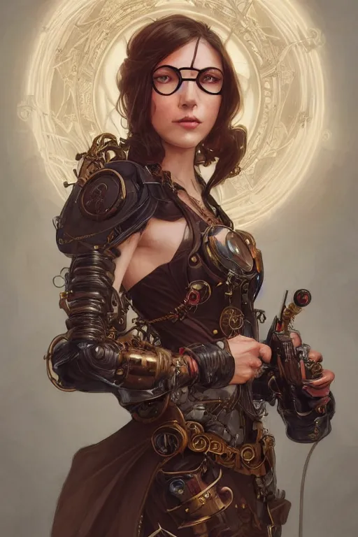 Prompt: portrait of fantasy female mage cyborg wearing glasses, western, steampunk, duster, fantasy, intricate, elegant, highly detailed, digital painting, artstation, concept art, sharp focus, illustration, art by artgerm and greg rutkowski and alphonse mucha