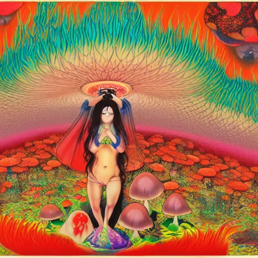 Prompt: a japanese psychedelic love goddess, a sense of awe, offering mushrooms, illustration, slime, amanita - muscaria, elegant, hyper realistic, super detailed, by tadanori yokoo