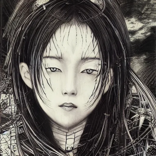 Image similar to yoshitaka amano realistic three quarter angle illustration of an anime girl with black eyes, wavy white hair fluttering in the wind and cracks on her face wearing elden ring armour with engraving, abstract black and white patterns on the background, noisy film grain effect, highly detailed, renaissance oil painting, weird portrait angle, blurred and dreamy old photo