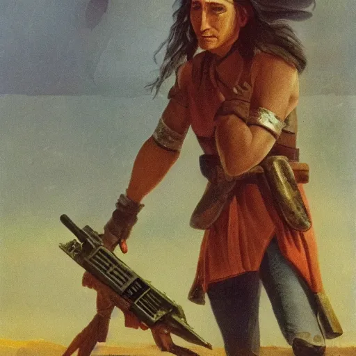 Image similar to photograph of a neolithic person holding a plasma rifle