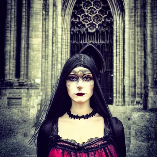 Prompt: gothic girl dressed in black, perfect face, macro head shot, behind her a gothic cathedral, perfect photo, wide lens, no decaying lines, the windows of the cathedral are reflecting red flame lights, delicate mandala intricate ornaments