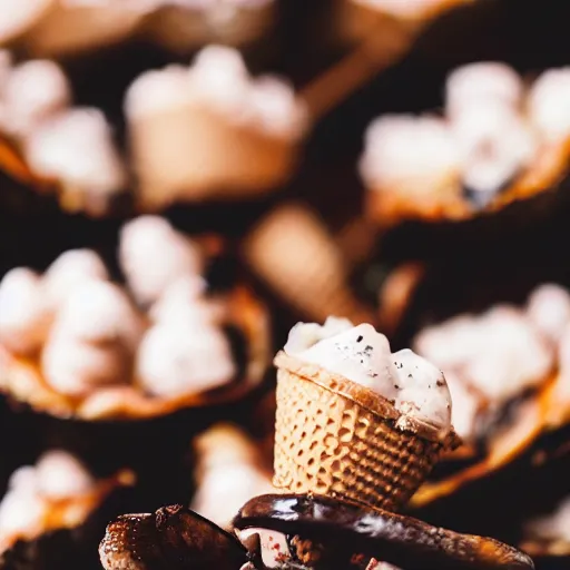 Image similar to a photograph of a clump of ice cream cones growing out of the cavity in a roast turkey like mushrooms. Shallow depth-of-field