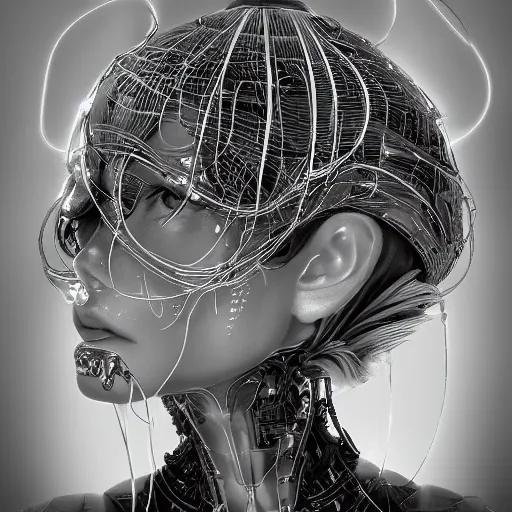 Image similar to closeup portrait of an absurdly beautiful, graceful, sophisticated, fashionable cyberpunk mechanoid gravure idol, ultrafine hyperdetailed illustration by irakli nadar, matt wisniewski style, marvel comics, intricate linework, porcelain skin, neon jellyfish headdress, ivory carved ruff, unreal engine 5 highly rendered, global illumination, radiant light, detailed and intricate environment