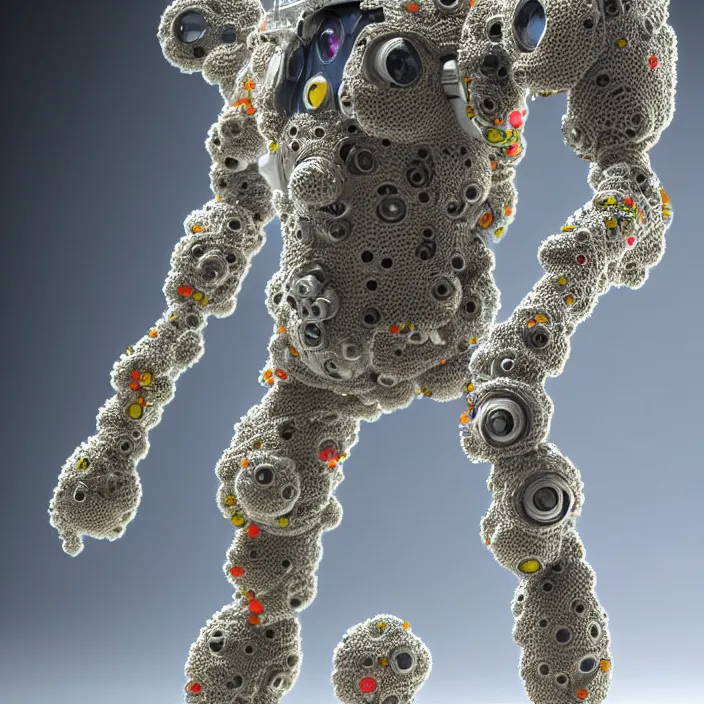 Image similar to a cybernetic symbiosis of a single astronaut mech-organic eva suit made of pearlescent wearing anodized thread knitted shiny ceramic multi colored yarn thread infected with kevlar,ferrofluid drips,carbon fiber,ceramic cracks,gaseous blob materials and diamond 3d fractal lace iridescent bubble 3d skin dotted covered with orb stalks of insectoid compound eye camera lenses orbs floats through the living room, film still from the movie directed by Denis Villeneuve with art direction by Salvador Dalí, wide lens,