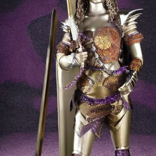 Image similar to full body photo of a beautiful female warrior with amethyst encrusted armour