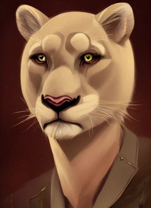 Image similar to beautiful portrait commission of a male furry anthro albino mountain lion in an old-timey Saloon wearing old-timey clothes. Atmospheric. Character design by charlie bowater, ross tran, artgerm, and makoto shinkai, detailed, inked, western comic book art