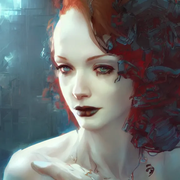 Image similar to christina hendricks!!! goth, tankoban, 4 k, tone mapping, akihiko yoshida, james jean andrei riabovitchev marc simonetti, yoshitaka amano, long hair, curly, h. hydrochaeri