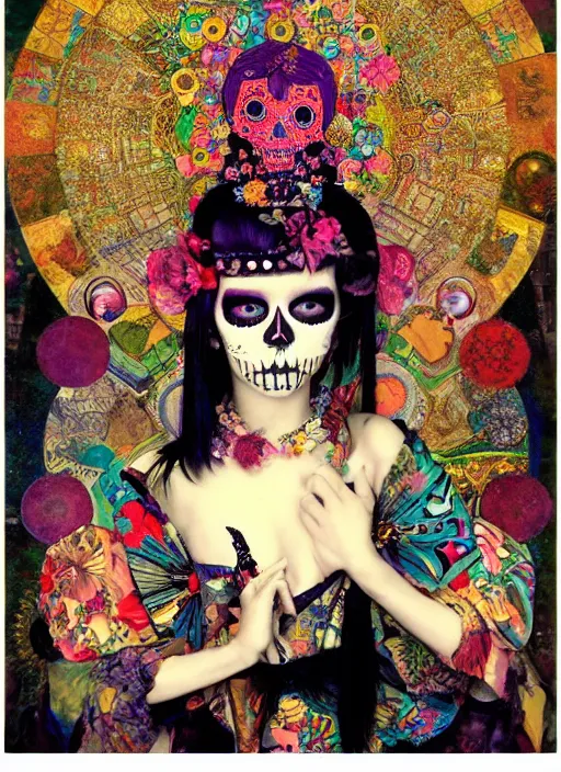 Image similar to cute punk goth fashion hippy fractal Día de los Muertos android girl wearing kimono made of circits posing by Zhang Jingna, psychedelic dada collage by Hannah Höch Victor Moscoso Rick Griffin Alphonse Mucha Gustav Klimt Ayami Kojima Amano Charlie Bowater, masterpiece