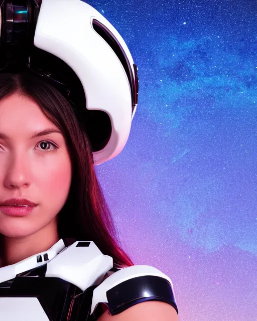 Prompt: centered medium shot fine studio photograph of a young woman wearing only a synthwave mecha Mayan helmet with bright lights, ultra-realistic, white background, 8k HDR, intricate