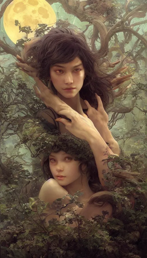 Prompt: epic masterpiece sweet dreams, sweaty skin, hyperrealistic, octane render, cinematic, night, moon, beautiful face and flawless skin, perfect hands, 5 fingers, emerald by Edgar Maxence and Ross Tran and Michael Whelan, Lorenzo Sperlonga Legends of Runeterra