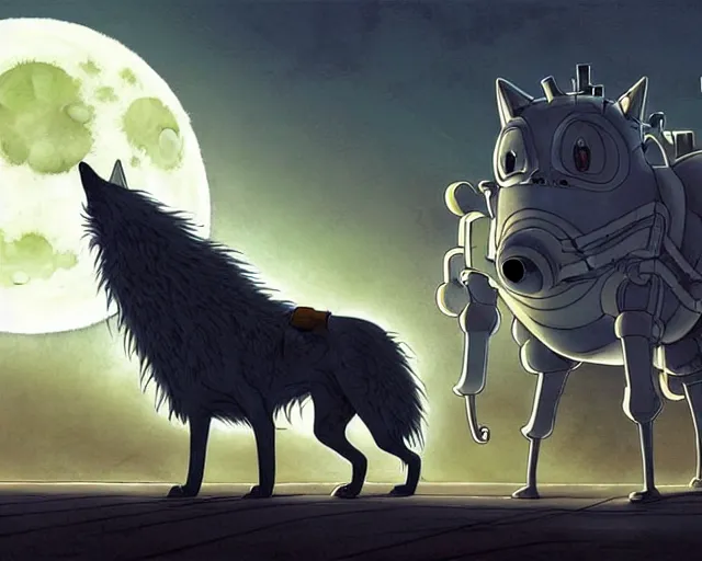 Image similar to a cell shaded cartoon grey lovecraftian mechanized wolf from howl's moving castle ( 2 0 0 4 ), with a big head, on a desert road, wide shot, in front of a big moon, muted colors, post grunge, josan gonzales, wlop, by james jean, victor ngai, hq, deviantart, art by artgem