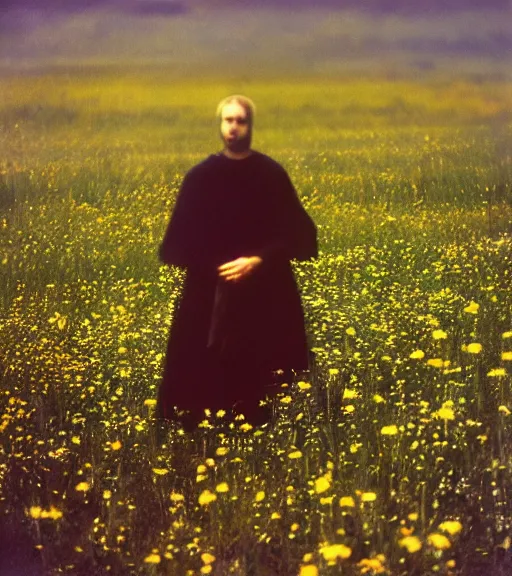 Image similar to mystical death god standing in tall meadow of flowers, distant, vintage film photo, grainy, high detail, high resolution