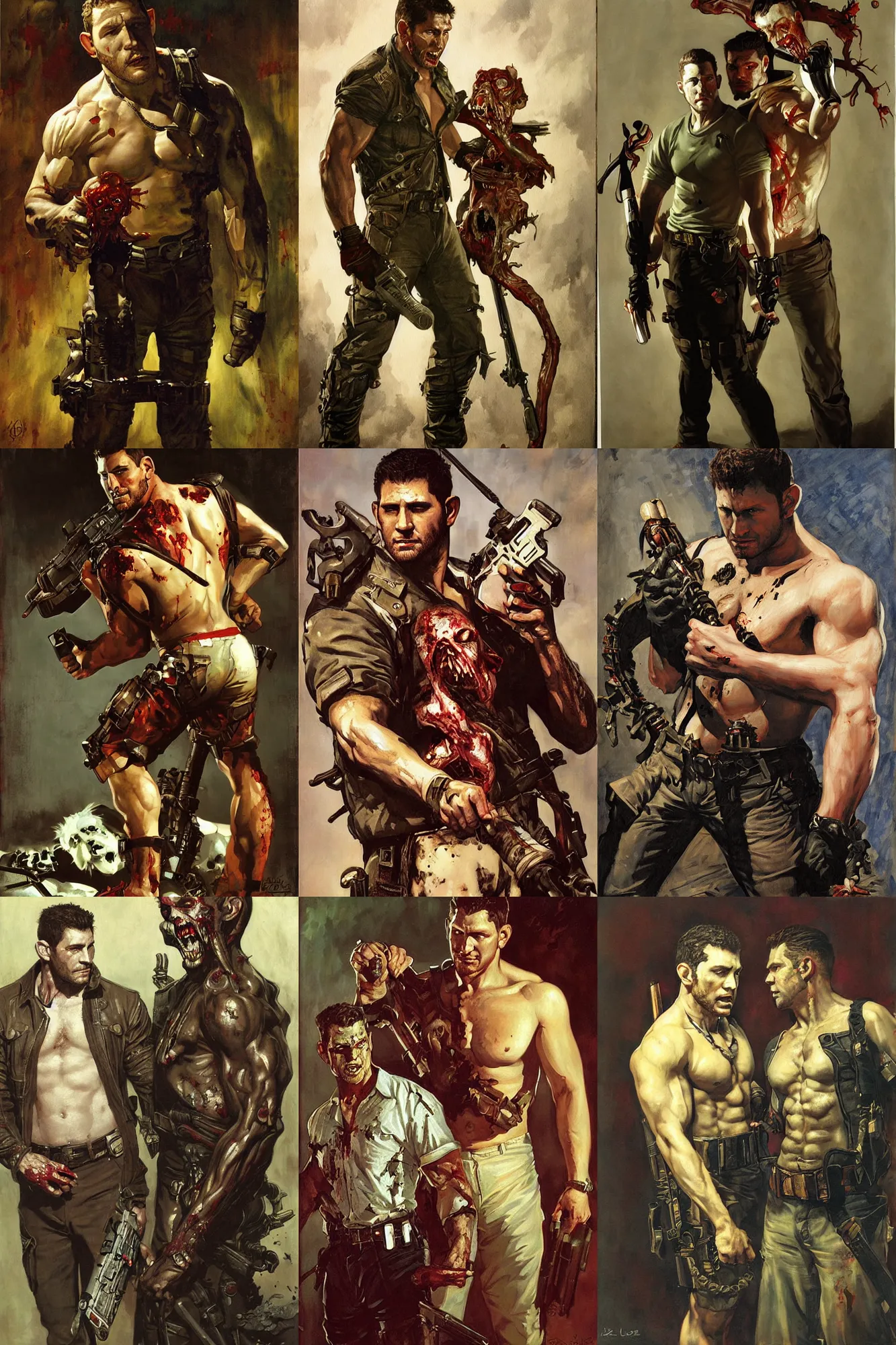Prompt: chris redfield and zombie, painting by j. c. leyendecker